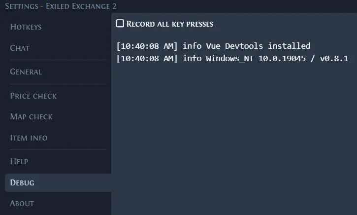 Area Debug di Exiled Exchange 2