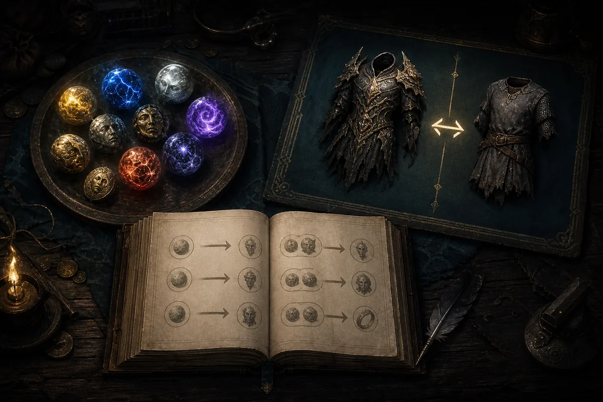 Illustration éditoriale de devises, d’équipement et de données d’échange de Path of Exile 2