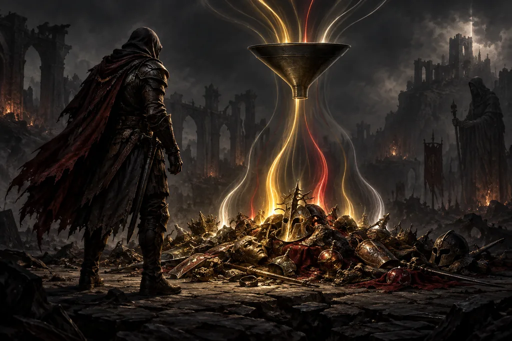 Editoriale Illustration eines Path-of-Exile-2-Abenteurers mit hervorgehobenem wertvollem Loot