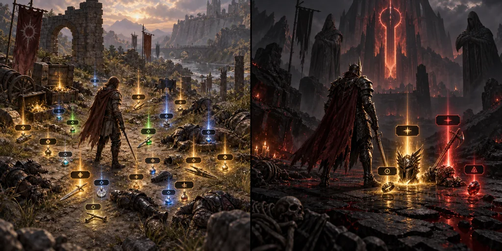 Editorialer Vergleich zwischen großzügiger Leveling-Loot-Sichtbarkeit und strengem Endgame-Filter in PoE 2