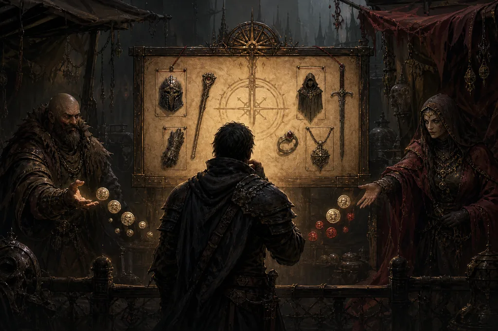 Editorial illustration of a Path of Exile 2 player market with equipment and currency