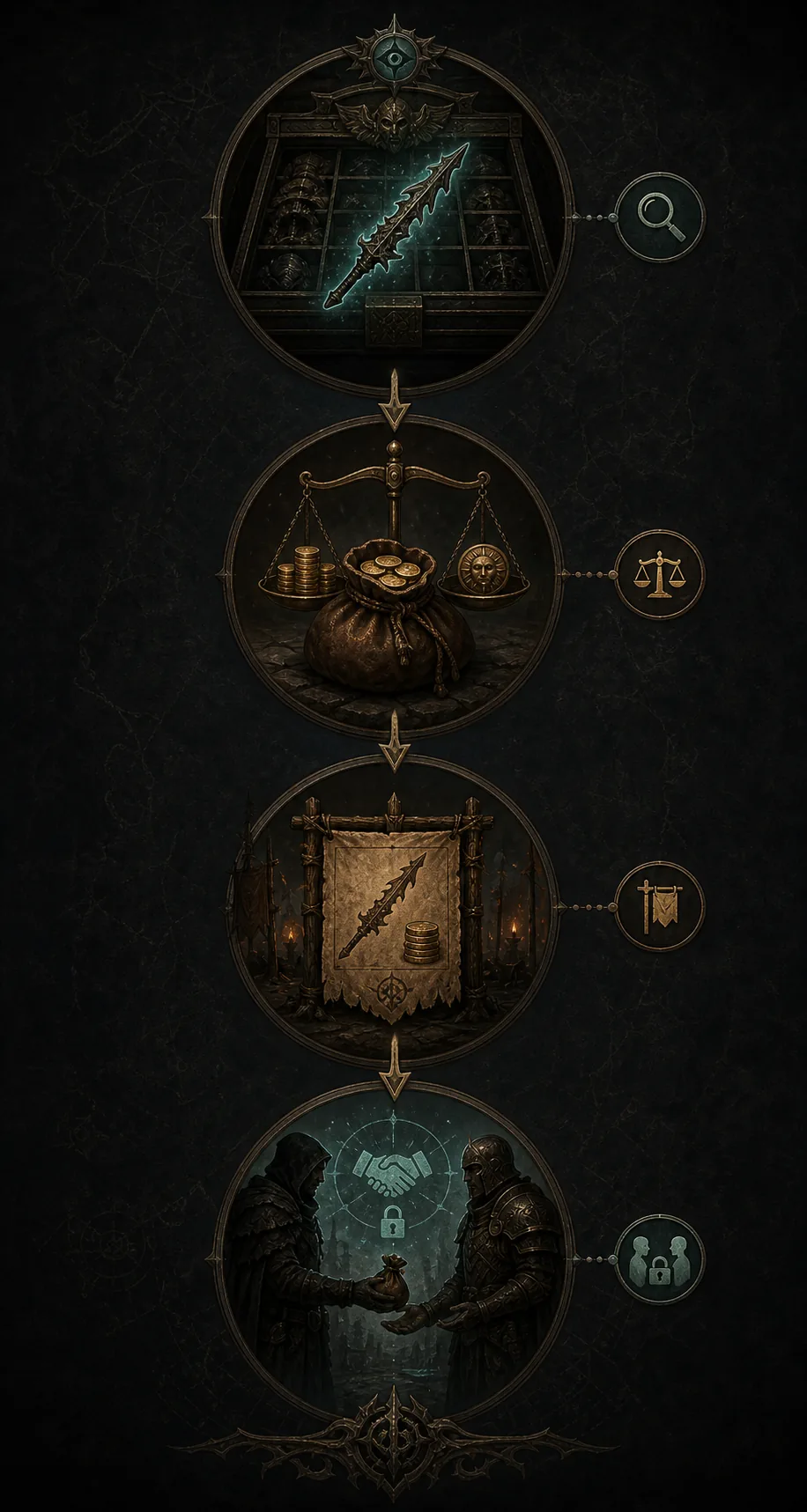 Editorial workflow showing item inspection, pricing, listing, and final player exchange in PoE 2
