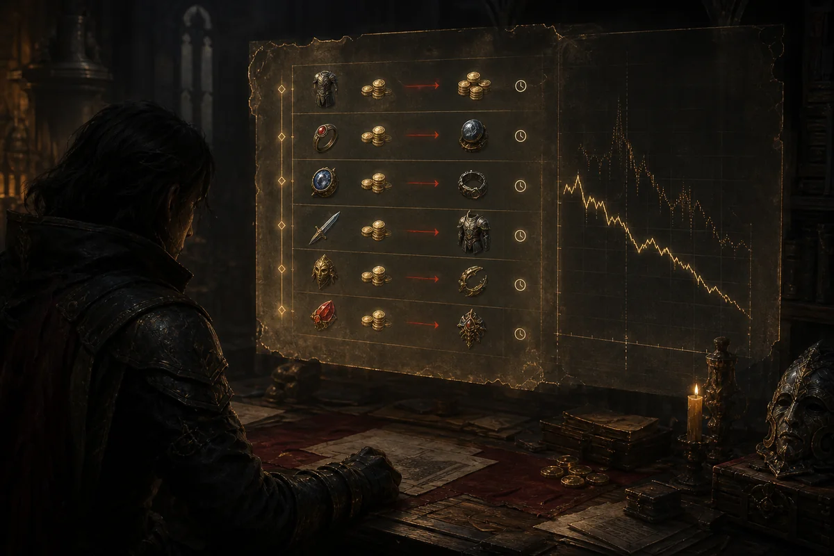 Editorial illustration of a Path of Exile 2 player reviewing chronological trade records beside a market-price curve
