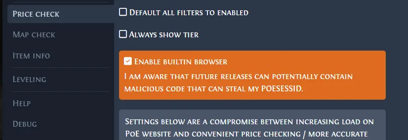 Exiled Exchange 2 built-in browser used for trade service authentication challenges